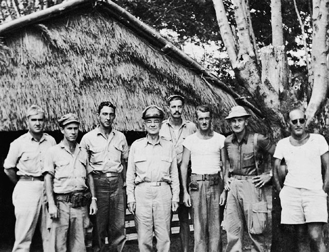 Intelligence unit-- American officers of OSS Detachment 101 with Gen Daniel Isom Sultan at an advanced ranger base in Burma, June 1945.